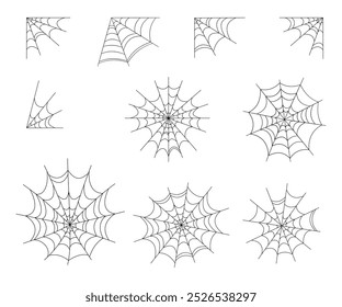Spider web set. Scary and funny silhouettes of spider webs. Traditional Halloween decorations. Vector illustration.