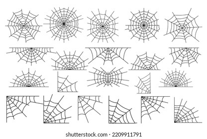 Spider web set. Scary spiderweb outline decoration isolated on white background. Hanging Halloween cobwebs. Tangled web for catching insect in spooky darkness. Cobweb collection line art spiders webs