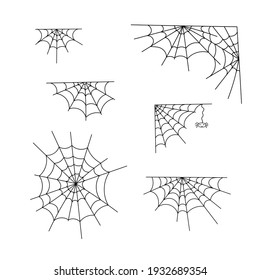 Spider web set vector outline illustration of simple fancy Halloween, isolated objects on the white background, clipart perfect for Halloween party decoration, hand drawn cartoon spooky character