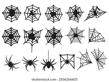 Spider Web Set. Vector Sketch Line Drawing of Spider Web. Elements for Halloween Design Black Lines Drawing on White Background. Cute Simple Silhouette Minimalist Style for Fall Themes