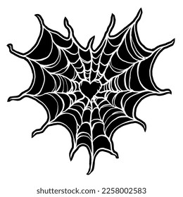 Spider web in shape of heart. Spiderweb in gothic design for Valentine's Day or Halloween. Hand drawing illustration isolated on white background. Vector EPS 10