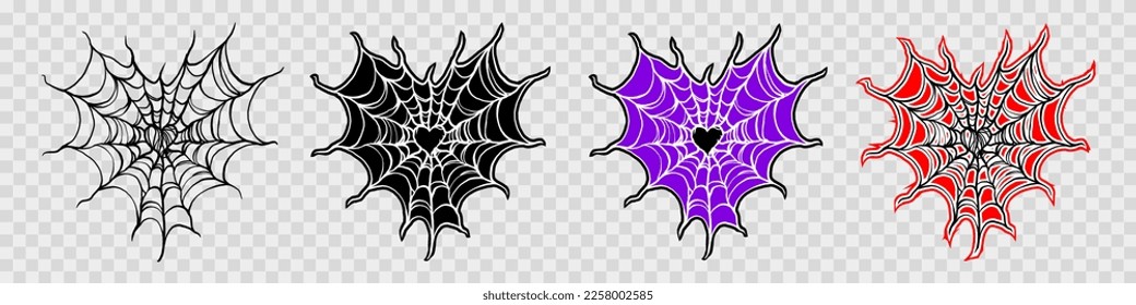 La telaraña en forma de corazón. Spiderweb en diseño gótico para San Valentín o Halloween. Ilustración de dibujo manual aislada en fondo blanco. EPS vectorial 10