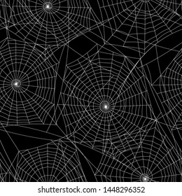 Spider web silhouette Halloween seamless pattern. Black and white background.