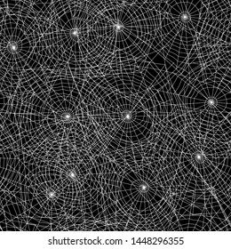 Spider web silhouette Halloween seamless pattern. Black and white background.