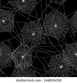 Spider web silhouette Halloween seamless pattern. Black and white background.