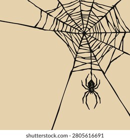 Spider web and spider silhouette on beige square background graphic illustration have blank space. Halloween cobweb spooky background.