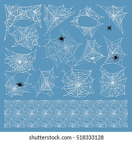 Spider web silhouette vector set. Nature cobweb, spider, web pattern on blue background.  Gossamer background design element