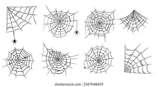 Spider web simple black silhouette icon for Halloween isolated on white background. Flat style spiderweb or cobweb symbol vector illustration. Graphic design element set.