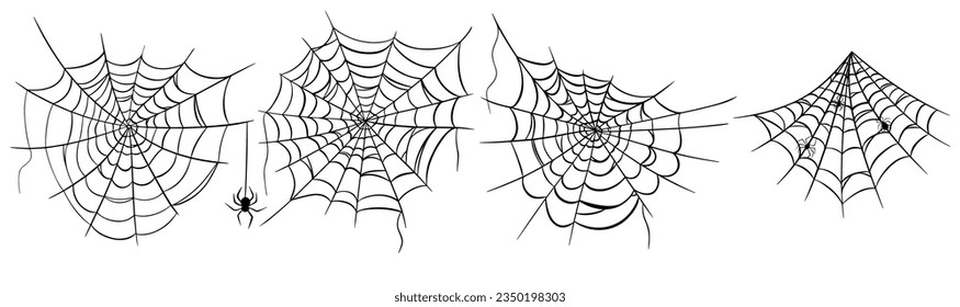 Icono de la silueta negra simple de la web araña para Halloween aislado en fondo blanco. Ilustración vectorial de la telaraña plana o el símbolo cobweb. Colección de elementos de imágenes prediseñadas gráficas.