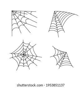 Spider web simple vector outline illustration of doodle fancy isolated Halloween objects on white background, clipart perfect for Halloween party decor, hand drawn image, cartoon spooky character