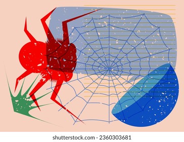 Spider and spider web with speech bubble and geometric shapes. Object in trendy riso graph design for Halloween. Geometry elements abstract risograph print texture style.