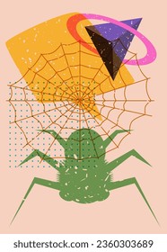 Spider and spider web with speech bubble and geometric shapes. Object in trendy riso graph design for Halloween. Geometry elements abstract risograph print texture style.