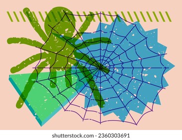 Spider and spider web with speech bubble and geometric shapes. Object in trendy riso graph design for Halloween. Geometry elements abstract risograph print texture style.