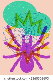 Spider and spider web with speech bubble and geometric shapes. Object in trendy riso graph design for Halloween. Geometry elements abstract risograph print texture style.