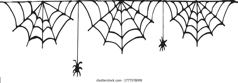 spider web with spiders border hand drawn in doodle style. vector, scandinavian, monochrome. frame for sticker design, decor halloween