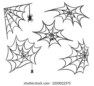 Spider Web With Spiders Clipart.Black And White Hand Drawn Illustration In Doodle Style.Vector Illustration.