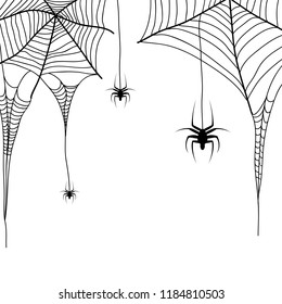 Spider web and spiders on a white background. Black spiderweb and spider of Halloween.