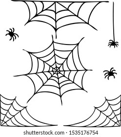 Spider web and spiders set of elements in hand drawn style. vector graphic simple doodle liner style.