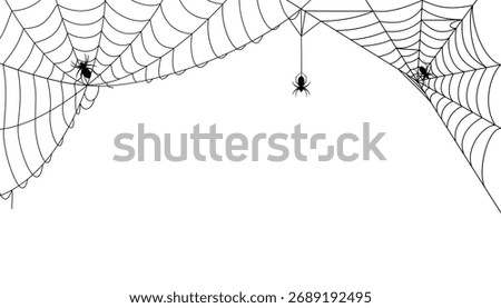 Spider web and spiders silhouettes, black spider web halloween banner, cobweb spooky background nets frame wall sticker, scary torn spider web of halloween decoration