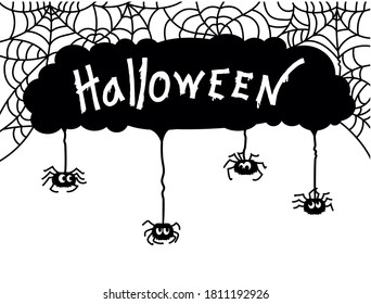 Spider Web and spiders/ Vector black graphic illustration isolated on white with Halloween text for design