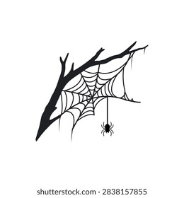 Spider web stretched across a tree branch with a hanging spider, hand-drawn Halloween illustration in black line art, isolated on a white background.