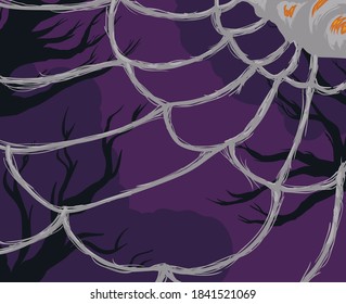 Spider web structure with trapped prey over forest and purple background.