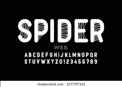 Spider web style font design, alphabet letters and numbers, vector illustration