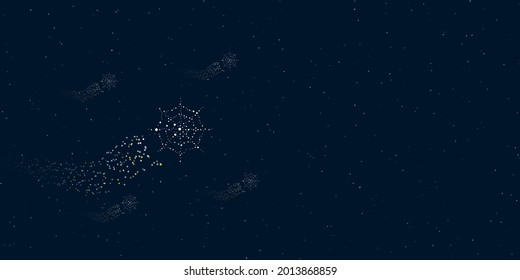 A spider web symbol filled with dots flies through the stars leaving a trail behind. There are four small symbols around. Vector illustration on dark blue background with stars