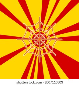Spider web symbol on a background of red flash explosion radial lines. The large orange symbol is located in the center of the sun, symbolizing the sunrise. Vector illustration on yellow background