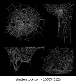 Spider web and tangling irregular cobwebs 4 realistic white images collection on black background isolated vector illustration 