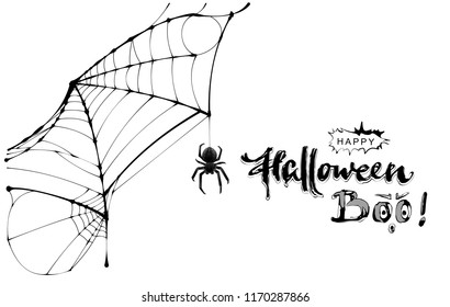Spider web and text happy halloween boo greeting card. Isolated on white vector illustration