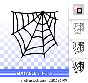 Spider web thin line icon. Cobweb vector linear symbol with different stroke width. Spiderweb outline of halloween. Editable stroke sign without fill. Spiderweb simple graphic pictogram on transparent