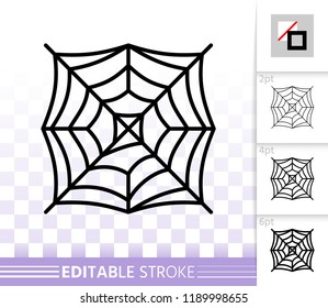 Spider web thin line icon. Cobweb vector linear symbol with different stroke width. Spiderweb outline of halloween. Editable stroke sign without fill. Spiderweb simple graphic pictogram on transparent