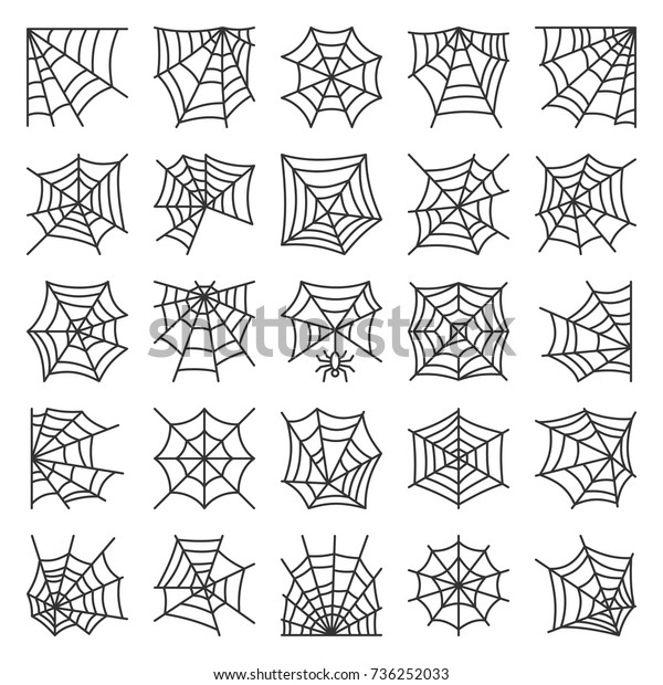 蜘蛛の巣の細線のアイコンセット 白い線形シンボルパックにクモの巣のベクター画像 クモの巣の輪郭のしるし 編集可能なストローク 簡単な絵文字のグラフィックコレクション テキスタイル プリント タグ バナーカードデザイン のベクター画像素材 ロイヤリティ