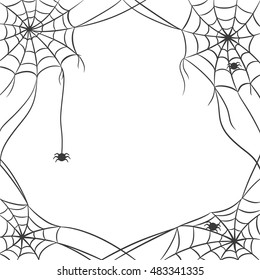 Spider web with three little spiders isolated on white background, hand drawn.