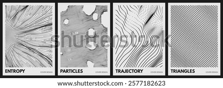Spider web torn. Abstract background with holes. An array with dynamic particles. Texture. Wavy dot background. Multiple black triangles scattered on white background. Cover design template. Vector.