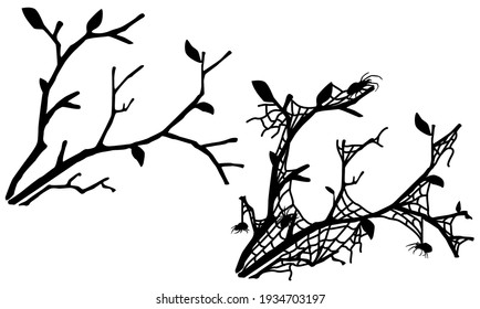 Spider web tree branch silhouette corner decoration black, vector illustration, horizontal, isolated
