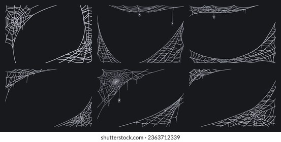 Spider web vector background art set. Silhouette frames of cobweb for october holiday Halloween backgrounds of banners, posters and postcards