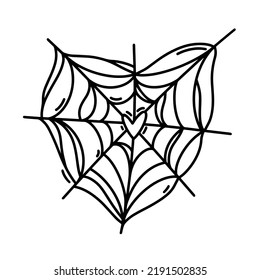 Spider web vector icon. Cute gossamer in the shape of a heart. Black outline, simple sketch isolated on white. Cobweb doodle. Illustration for Halloween decor, holiday cards, invitations, print