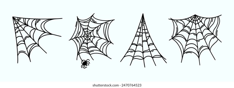 Spider web vector icon set. Thin web with a poisonous insect, corner web. Gothic Halloween decoration, scary spooky trap. Black and white outline, hand drawn clipart. Sticky hanging symbol of horror
