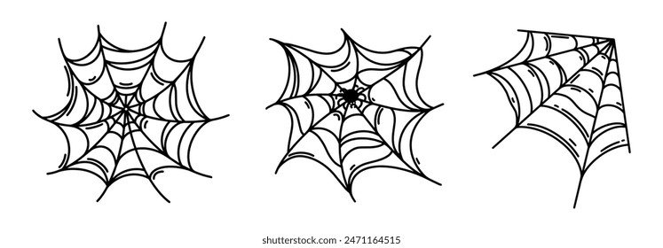 Spider web vector icon set. A thin web with an arachnid inside, a corner web. Gothic Halloween decoration, scary sticky trap. Black and white outline, hand drawn sketch. Hanging symbol of fear