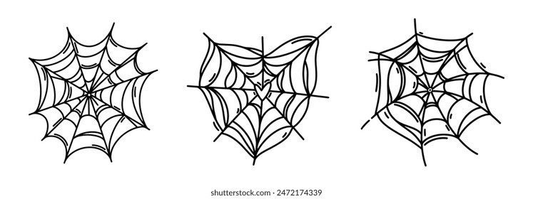 Spider web vector icon set. A thin heart shaped web, a spooky cobweb. Gothic Halloween decoration, scary sticky trap. Black and white outline, hand drawn doodle. Hanging symbol of fear, horror