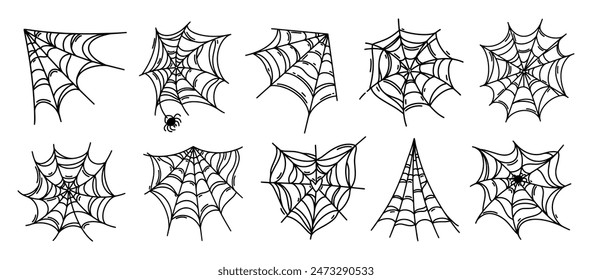 Spider web vector icon set. A thin cobweb with an insect inside, a corner web. Gothic Halloween decoration, scary sticky heart shaped trap. Black and white hand drawn doodle. Hanging symbol of fear