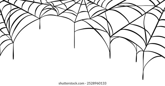 Spider web vector illustration, isolated frame or border, wide clip art for banner design, black and white