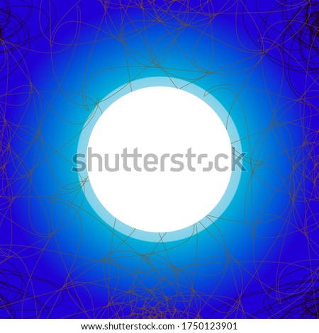 spider web vector, Orange spider web on bright blue vector background, glowing white ball of light as empty frame vector for text, photo. Doodle lines,  online marketing, digital brand, halloween icon