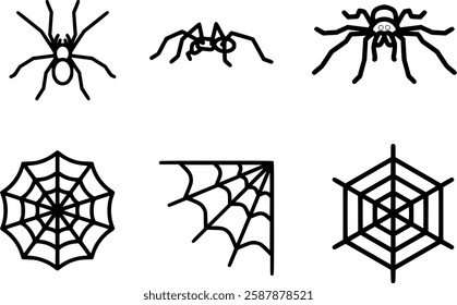 Spider and Web Vector Set | Black and White Outline Icons of Spiders and Cobwebs | Creepy Halloween Insects | Arachnid Silhouettes for Tattoos, Stickers, Logos, and Spooky Graphic Designs