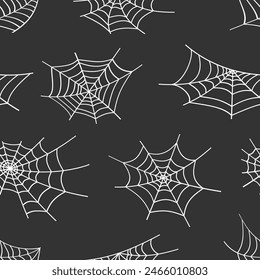 Spider web white line seamless pattern. Spiderweb halloween symbol, round, angular, asymmetric view. Website decoration, tattoo, logo or horror holiday design element outline cobweb on black