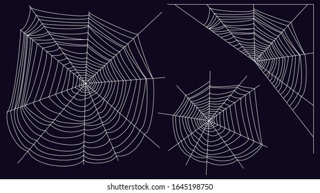 spider web, white mesh on a dark background. vector illustration. collection of icons.