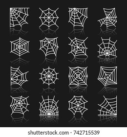 Spider web white thin line with reflection icon set. Cobweb vector isolated linear symbol pack. Spiderweb outline sign. Simple pictogram graphic collection. Textile, print, tag, banner, card design