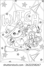 Spider Web Witch Cat Halloween Coloring Page